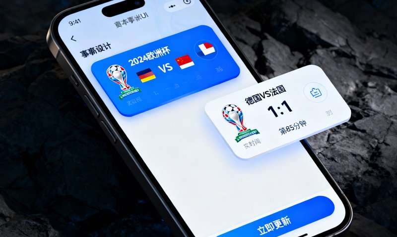 QQ体育版本更新公告配图，手机屏幕上展示新版UI界面，包含赛事卡片和比分模块的重新设计
